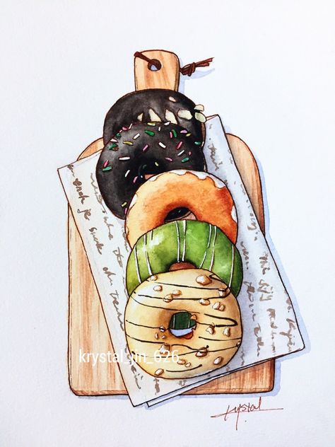 Donut Drawing, Donut Art, Markers Drawing Ideas, Sketchbook Watercolor, Food Artwork, Food Sketch, Sketchbook Tour, Food Illustration Art, Watercolor Food