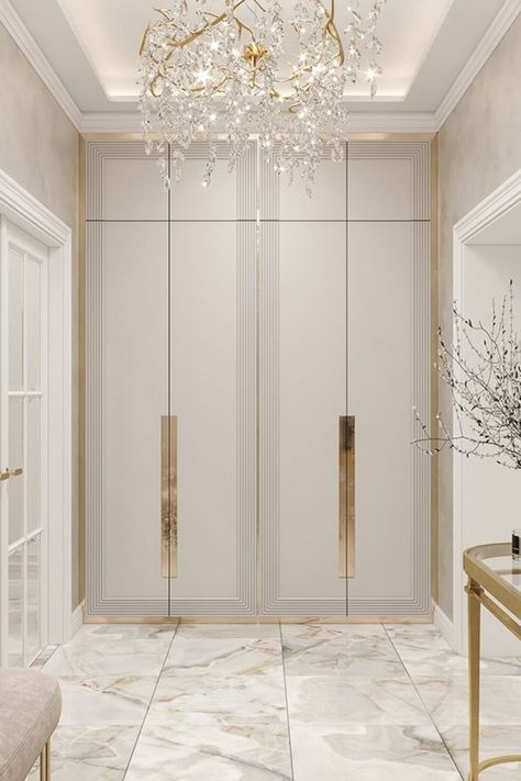 Molding On Wardrobe, Wardrobe For Bedroom Interior Design, Wardrobe Luxury Design, White Gold Wardrobe, Elegant Wardrobe Design, Wardrobe Interior Design Bedroom, Wardrobe Door Ideas, Wardrobe Design Interior, Luxury Wardrobe Door Designs