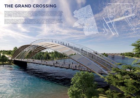 2nd Place Winner: The Grand Crossing by Cindy Ma & Luna Hu (University of Waterloo). Image courtesy CISC. Pedestrian Bridge Architecture, Bridge Design Architecture, Bridge Architecture Design, Bridge Design Ideas, Pedestrian Bridge Design, Building Massing, Architectural Student, Arch Concept, Bridge Ideas