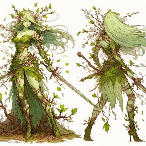 Plant Dress Drawing, Diy Fairy Cosplay, Unseelie Fae Character Design, Nature Spirit Character Design, Female Druid Art, Dryad Dnd, Dryad Character Design, Dryad Oc, Dnd Fairy Character