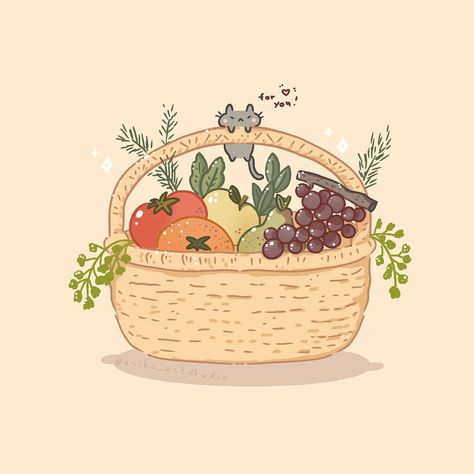 Third entry of the drawing challenge #blossominapril24 hosted by @daiandqin @jackthecupcake @lenasscribbles @melissazumbrink @moonie.coco @nimoontales @cafewhimsy @prismiya #cat #fruitsbasket #spring #kawaii #cute #kawaiiartstyle #cutecat Fruit In Basket Drawing, Basket Of Fruits Drawing, Fruit Basket Sketch, Fruit Basket Illustration, Picnic Basket Drawing, Fruits Basket Drawing, Fruits Basket Aesthetic, Fruit Basket Painting, Fruit Basket Drawing