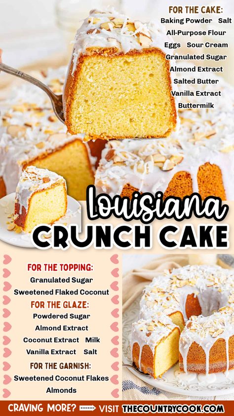 Louisiana Crunch Cake Recipe Easy, Louisiana Crunch Cake Recipe, Louisiana Recipes Dessert, Lemon Crunch Cake Recipe, Louisiana Desserts, Louisiana Crunch Cake, Crunch Cake Recipe, Glaze For Cake, Sponge Cakes