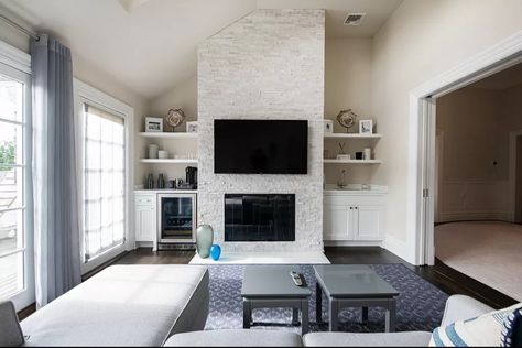 Tv Wall Angled Ceiling, Tv Wall Slanted Ceiling, Fireplace Tv Wall Built Ins Vaulted Ceiling, Fireplace On Slanted Wall, Slanted Ceiling Fireplace Wall, Fireplace With Slanted Ceiling, Fireplace Slanted Ceiling, Recessed Tv Over Fireplace Shiplap, Enterainment Center With Fireplace