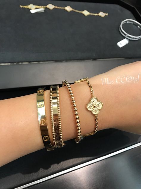 Vca Stack, Arm Stack Jewelry, Van Cleef Bracelet Stack, Vca Bracelet, Van Cleef And Arpels Jewelry, Preppy Jewelry, Luxe Jewelry, Bangles Jewelry Designs, Arm Party