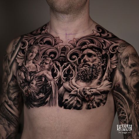 AMAZING FULL CHEST TATTOO DONE BY RESTU DONE USING @eztattooing @radiantcolorsink @balmtattooindo 💥DM US FOR YOUR FREE CONSULTATION TODAY💥 ▪️WORLDWIDE FAMOUS ARTISTS ▪️PRIVATE LUXURY LOCATION ▪️PACKAGES AVAILABLE ON REQUEST ▪️INTERNATIONAL AWARD WINNING ▪️CUSTOM DESIGNS ▪️VEGAN INK ▪️INTERNATIONAL HYGIENE STANDARDS ▪️SPONSORED BY THE BEST NAMED BRANDS WORLDWIDE FB/INSTA - @luxuryinkbali @luxuryinkcanggu @luxuryinkjakarta 📲 W/A +6281237096409 www.luxuryinkcanggu.com Good And Evil Chest Tattoo, Greek God Chest Tattoo, Cross On Chest Tattoo Men, Greek Mythology Chest Tattoo, Full Chest Tattoo Design, Greek Chest Tattoo, Medusa Chest Tattoo, Chest Tattoo Man, Full Chest Tattoo Men