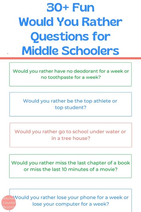 Funny would you rather questions for middle school kids. The kids are going to have a blast debating these would you rather questions! #wouldyouratherquestions #funnywouldyouratherquestions #wouldyouratherquestionsforkids #funwouldyouratherquestions #hardwouldyouratherquestions #wouldyouratherquestionstweens #middleschoolicebreaker #gamesfortweens Middle School Social Emotional Activities, Middle School Detention Ideas, Activities For Middle Schoolers Fun, Educational Activities For Middle School, Counseling Activities Middle School, Middle School Class Party Ideas, Middle School Therapy Activities, Middle School Club Ideas, Get To Know You Middle School