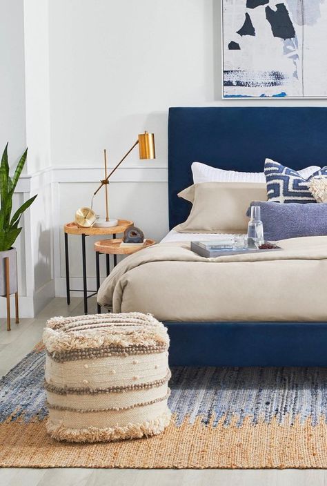 Blue Platform Bedroom Ideas, Navy Bed Ideas Decor, Navy Blue Bed Styling, Blue Bed Interior, Dark Blue Bed Ideas, Dark Headboard White Walls, Blue Bed Bedding Ideas, Blue Bed Frame Decor, Navy Bedframe Decor