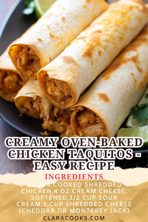 Creamy Oven-Baked Chicken Taquitos - Easy Recipe Chicken Tinga Taquitos, Taquitos Oven Baked, Freezable Taquitos, Easy Chicken Taquitos Baked, Chicken Taquitos Recipe Easy, Taquito Recipe Chicken, Easy Taquito Recipe, How To Roll Taquitos, How To Make Flautas Chicken