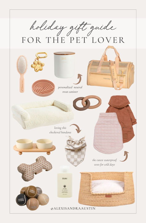 Holiday gift guide for the pet lover! Loving these neutral details that will blend into any space Holiday gift guide, Christmas guide, pet finds, for the dogs, neutral pet home, dog vest, marble dog bowl, wicker pet bed, pet carrier, bandana finds, neutral pet accessories, dog tag, neutral Christmas vibes, Wild One, Reese and Murphy, Amazon, Pottery Barn, shop the look! Birthday Gifts For Dog, Dog Bowls Aesthetic, Aesthetic Dog Essentials, Cute Dog Essentials, Puppy Supplies List, Dog Supplies Aesthetic, Aesthetic Puppy Supplies, Dog Things Pet Products, Puppy Stuff Accessories