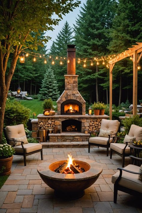 14 Safe And Kid-Friendly Outdoor Fireplaces For Your Backyard – ToolzView Outdoor Fireplace On Patio, Outdoor Oven And Fireplace, Garden Fireplace Ideas, Fireplace On Deck, Outdoor Patio With Fireplace, Outdoor Fireplace Ideas Backyards, Woods Backyard, Firepits Backyard Ideas, Backyard Fireplace Ideas