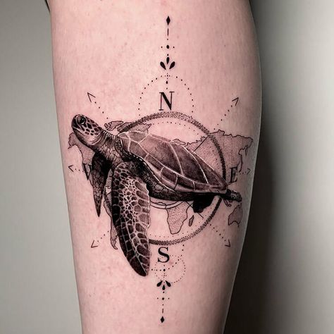 Sea Turtle and Compass Tattoo Mens Turtle Tattoo Ideas, Big Sea Turtle Tattoo, Tattoo Ideas For Men Turtle, Masculine Turtle Tattoo, Sea Turtle Compass Tattoo, Sea Turtle Couple Tattoo, Sea Compass Tattoo, Sea Turtle Spine Tattoo, Turtle Tattoo Thigh