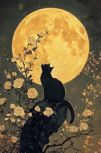 ↑↑↑ Larger size on website 🔸 A black cat sits on a rock, gazing upwards at a large, golden full moon. The cat is surrounded by de Black And Orange Cat Wallpaper, Orange Cat Wallpaper, Color Theory Art, Black Cat Aesthetic, Magia Das Ervas, Consciousness Art, Under The Moon, Celestial Art, A Black Cat