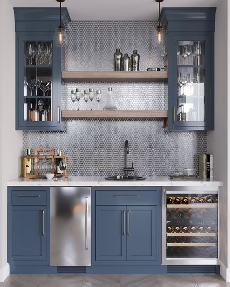 ✨ Elevate your wet bar with Tile Club’s exquisite backsplash tiles! Whether hosting a soirée or enjoying a quiet evening, our chic designs add the perfect touch of luxury and style. 🍹 Backsplash Basement Bar, Navy Blue Basement Bar, Built In Bar Around Window, L Shaped Bar Against Wall, Mid Century Modern Built In Bar, Custom Dry Bar, Backsplash For Bar Area, Blue Cabinets Bar, Bar Niche Ideas