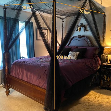 Well well. what a glittering assemblage.. Perfect goth and alt home furnishings and decor 🕸️🕸️ #HalloweenForever Bedroom dreams, pun intended. Black Canopy Bed Curtains, Gothic Canopy Bed, Black Canopy Bed, Bed Drapes, Canopy Bed Curtains, Apartment Decorating Living, Hanging Bed, Twinkle Star, Bed Canopy