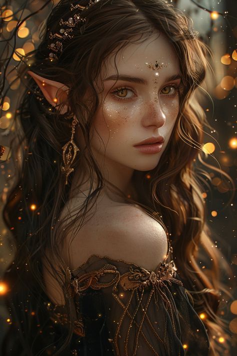 Fae Woman Art, Brunette Elf Female, Seelie Fae Aesthetic, Dark Haired Elf, High Fae Aesthetic, Fairy Realistic, Fae Woman, Fae Female, Brunette Fairy