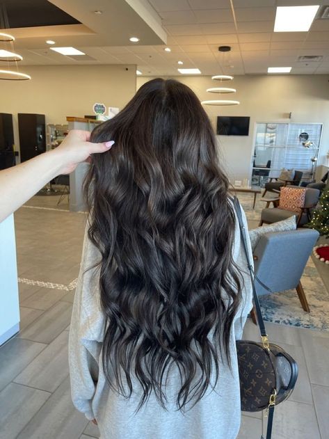 24inch Hair Extensions Dark Brown, Long Espresso Brown Hair, Black Velvet Hair Color, Dark Extensions Long, Long Dark Hair With Extensions, Long Dark Brown Extensions, Black Long Extensions, Dark Intense Brown Hair, Long Black Hair With Dimension