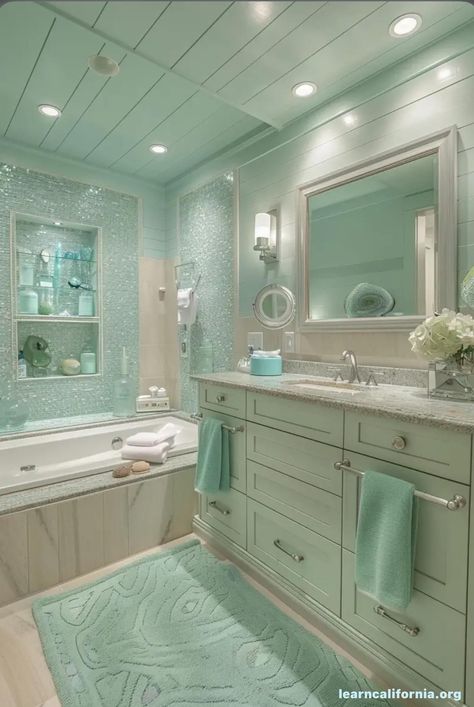 Frosted Glass Shower Doors, Matching Light Fixtures, Unique Bathroom Mirrors, 2024 Color Palette, Mint Bathroom, Coastal Bathroom Ideas, Sophisticated Coastal, Sparkle Bathroom, Turquoise Bathroom