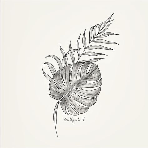 Palm leaves Jungle Leaves Tattoo Design, Tropical Flower Tattoos, Jungle Tattoo, Tropical Tattoo, Plant Tattoo, Make Tattoo, Botanical Tattoo, Tattoo Outline, Hand Tattoo