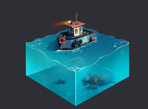 ArtStation - Do you want to go on sea trip?, Vika Zotova Isometric Diorama, Maya Software, Sea Boat, Graphic Animation, Karakter Disney, Isometric Art, Isometric Design, Image 3d, Isometric Illustration