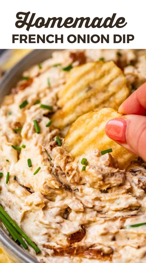 Make a crowd-pleasing appetizer with this creamy homemade French onion dip! Made with caramelized onions, rich sour cream, and flavorful herbs, this dip is perfect for parties, gatherings, or a delicious appetizer. Enjoy with chips, veggies, or crackers. Discover the best recipe for a classic French onion dip that's easy to prepare and irresistibly tasty. French Onion Dip Recipe, Gameday Recipes, Homemade French Onion Dip, Savory Dips, Onion Dip Recipe, Caramelized Onion Dip, The Food Charlatan, French Onion Dip, Food Charlatan