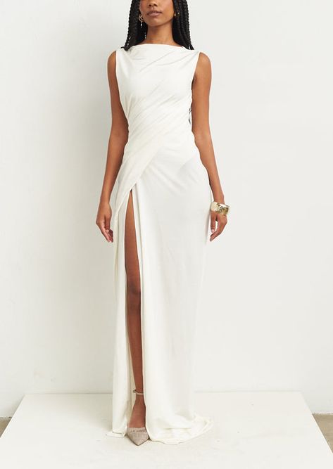 Dresses | KWAME ADUSEI – KwameAdusei Party Outfits, Embellished White Dress, Lycra Gowns Style, Marshallese Dress Style, Luxe Aesthetic, Lycra Dress, Draped Gown, Drape Gowns, Vow Renewal