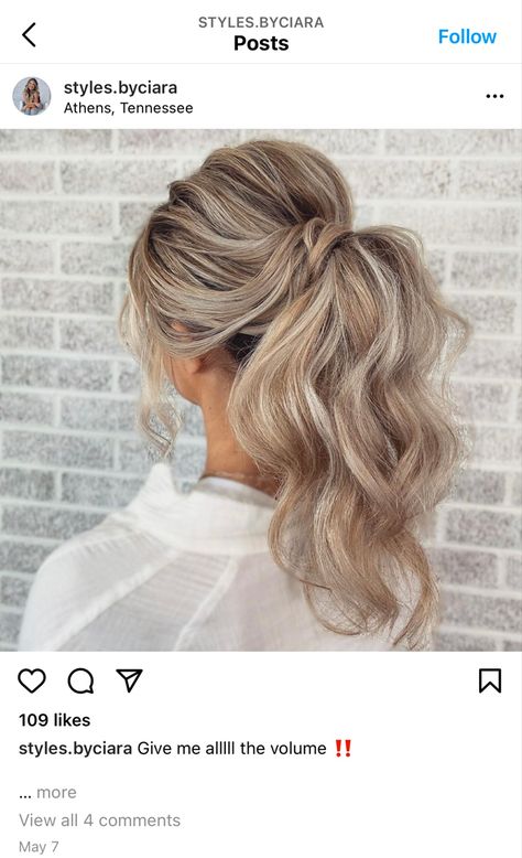 Voluminous mid-height ponytail on blond hair with waved hair and curled face framing pieces. Curly Ponytail Wedding Hairstyles, Bun To Ponytail Wedding, Volume Ponytail Updo, Messy High Ponytails Wedding, Wedding Guest Hair High Ponytail, Cute Prom Ponytails, High Messy Ponytail Wedding, Fancy Hair Ponytail, Prom Messy Ponytail