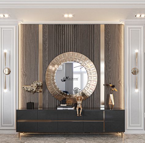 Lobby Interior Design, Hallway Designs, Luxury Living Room Design, Hallway Ideas Entrance, Foyer Design, Living Room Design Decor, Home Entrance Decor, Hallway Ideas, Round Mirror