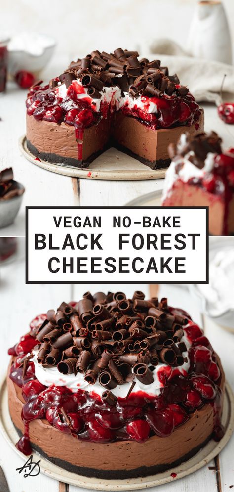 Cheesecake Black Forest, Vegan Black Forest Gateau, Paleo No Bake Cheesecake, Beautiful Vegan Food, Easy No Bake Cake Recipes, Vegan Black Forest Cake, Vegan Nut Free Desserts, Vegan Dairy Free Desserts, Vegan Cheesecake No Bake