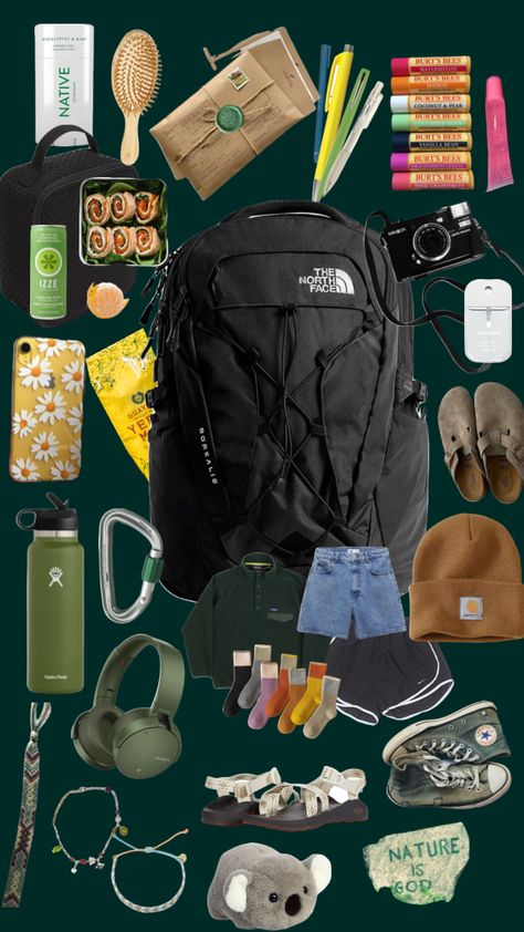 Adventure Bag Aesthetic, Hiking Mood Board, Backpacking Essentials Europe, Hiking Needs, Granola Girl Backpack, Granola Boy Aesthetic, Hiking Backpack Essentials, Granola Boy, Salty Granola