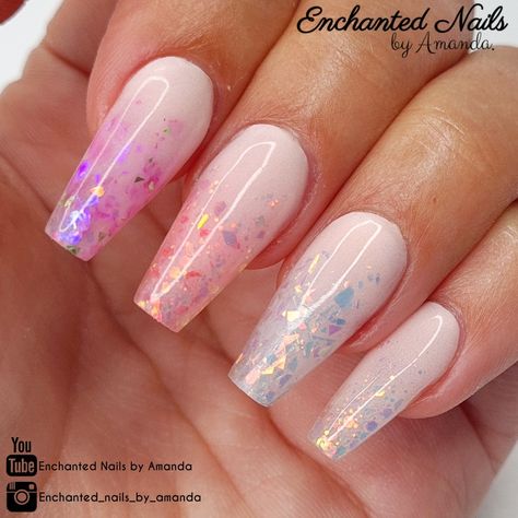 Acrylic nails, coffin nails, glitter nails Sparkly Acrylic Nails Glitter, Encapsulated Ombre Nails, Glitter Ombre Nails Coffin, Mylar Nail Art, Rainbow Glitter Ombre Nails, Acrylic Glitter Ombre, Pink White Ombre Nails Sparkle, Pink And White Sparkly Ombre Nails, Sparkly Ombre Nails