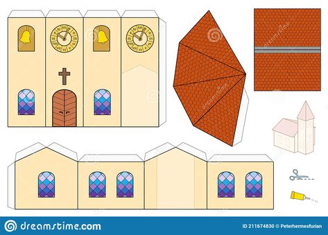 Paper City Printable, Church Template, Paper Models House, Tower Clock, Free Printable Cleaning, Paper House Template, House Template, Paper City, Paper House