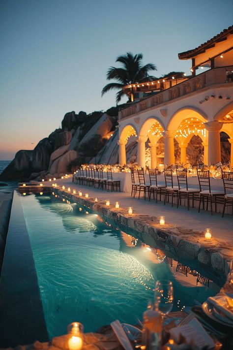 Lavish Mansion Wedding Reception Beach Wedding Venue Aesthetic, Beach Villa Wedding, Wedding Reception Pool, 20 Year Anniversary Ideas, Mansion Wedding Reception, Luxury Beach Wedding, Newport Restaurants, Beach Reception, Ocean View Wedding