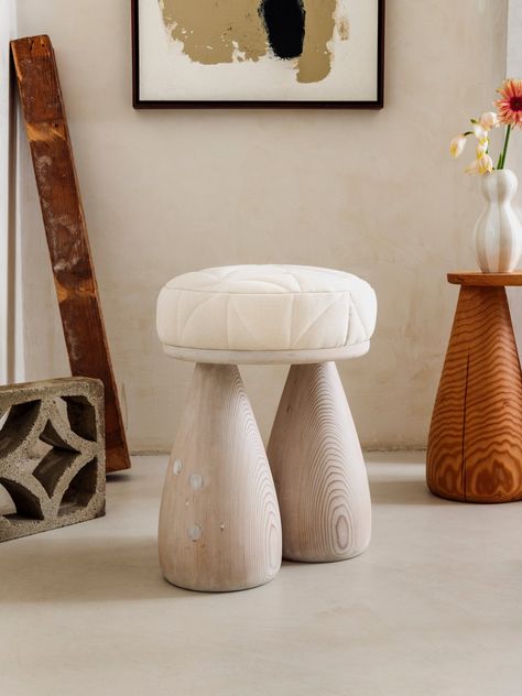 As part of Studio Sam Klemick's sophisticated second collection, The Quilted Cutie Stool debuted in 2023. Meticulously crafted from locally sourced hardwood, the piece features hand-quilted upholstery atop artfully bell-shaped legs that were turned on the lathe. A unique statement piece, this exclusively artisanal stool will be a timeless addition to any space. Douglas Fir Wood, Backless Stools, Pinwheel Quilt, Contemporary Quilts, Wooden Sculpture, Interior Trend, Sitting Area, Soft Natural, Organic Modern