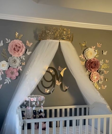 Crown Nursery Decor, Baby Girl Nursery Room Ideas Butterfly, Butterfly Flower Nursery, Baby Girl Princess Nursery, Princess Nursery Ideas, Rose Nursery Theme, Disney Princess Nursery Theme, Princess Baby Room, Butterfly Nursery Baby Girl