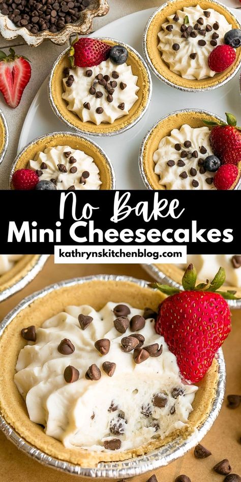 No Bake Mini Cheesecakes - Kathryn's Kitchen Mini Gram Cracker Crust Pie Recipes Easy, Mini Pie Recipes With Graham Cracker Crust, Mini Cheesecake Pies, No Bake Mini Pies For Kids, Small Batch No Bake Cheesecake, Easy No Bake Mini Cheesecakes, Mini Pie Crust Desserts, Mini Graham Cracker Pies, Mini Graham Cracker Crust Desserts