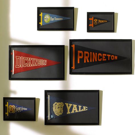 Pennants Framed Pennant Flag, Pennants Display, Vintage Sports Decor, Room Flags, College Banner, Sports Display, College Pennants, Office Cube, College Flags