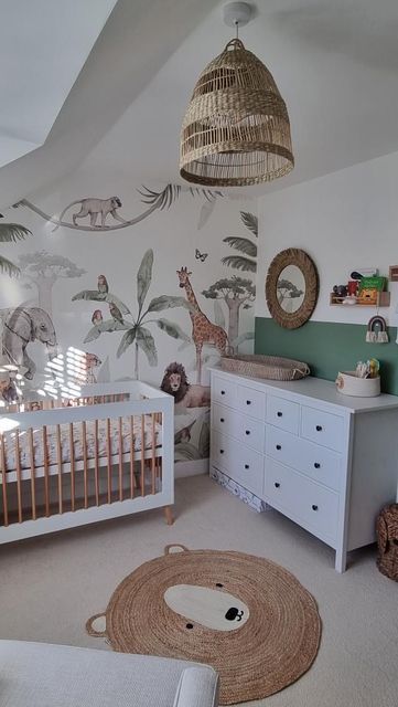 Munks and Me | Kris on Instagram: "What I love the most is the journey 🫶🏼 We create the most special spaces for you and your little ones to love and be inspired (and relaxed) in 🤍 . . . . #nursery #nurserydecor #nurserydesign #nurseryinspo #nurseryroom #babyshower #babyroom #kidsroom #kidsroomdecor #interiordesign #nurserywallpaper #nurseryinspiration #kidswallpaper #kidsroomdesign #kidsinteriors #kidsinterior #kinderkamer #kinderkamerstyling" Unisex Safari Nursery, Boho Lion King Nursery, Nursery Themes Safari, Nursery Room Jungle Theme, Jungle Themed Nursery Gender Neutral, Safari Baby Boy Nursery, Africa Themed Nursery, Safari Nursery Small Room, Nursery Ideas Safari Theme