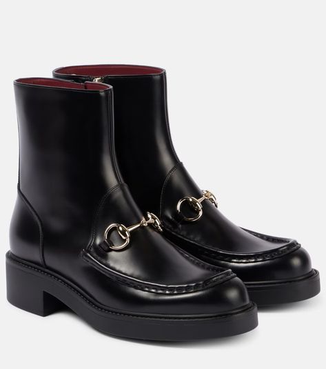 Horsebit leather ankle boots in black - Gucci | Mytheresa Gucci Boots Women, Gucci Boots, Mid Heels Pumps, Gucci Horsebit, Mid Heel Sandals, Designer Pumps, Ankle Boots Flat, Kitten Heel Pumps, Evening Shoes