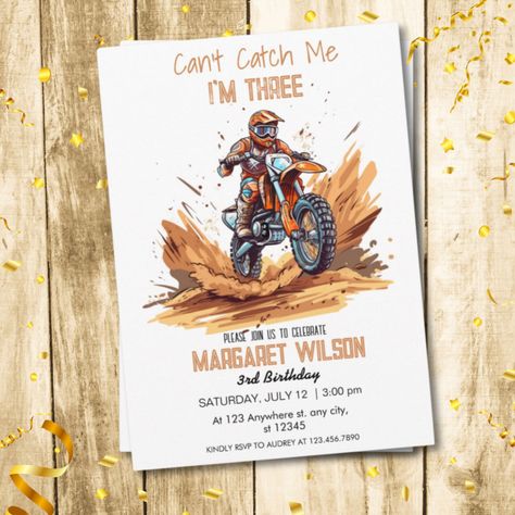 Can't Catch Me I'm Three Dirt Bik Boy 3rd Birthday Invitation Bday Party Boy, Boy 3rd Birthday, Adventure Party Theme, 3rd Birthday Party For Boy, 3rd Birthday Invitation, Unique Birthday Invitations, Motorcycle Party, Motorcycle Birthday, Adventure Party