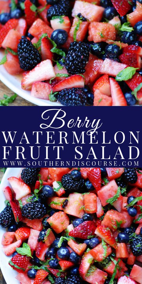 Berry Watermelon Fruit Salad - southern discourse Southern Discourse, Watermelon Fruit Salad, Summer Fruit Salad, Easy Fruit Salad Recipes, Honey Lime Dressing, Fruit Salad Easy, Summer Salads With Fruit, Berry Salad, Fresh Salad Recipes