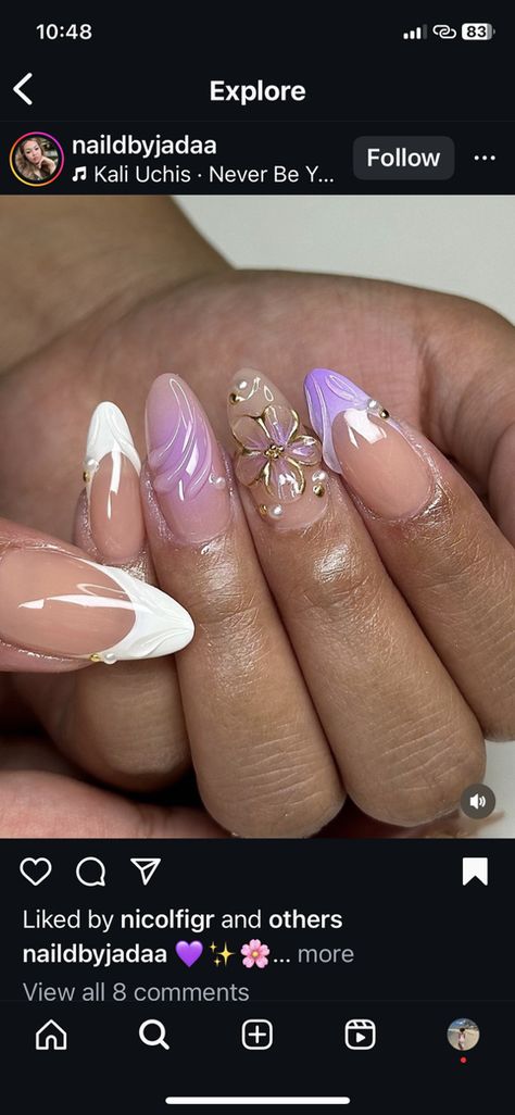 Lilac Nails Acrylic Design, Extra Purple Nails, Purple Transparent Nails, Purple And Lilac Nails, Sweet 16 Nails Acrylic Purple, Purple Nails Gems, Lilac Wedding Nails For Bride, Sweet 16 Acrylic Nails, Light Purple Nails With Butterflies