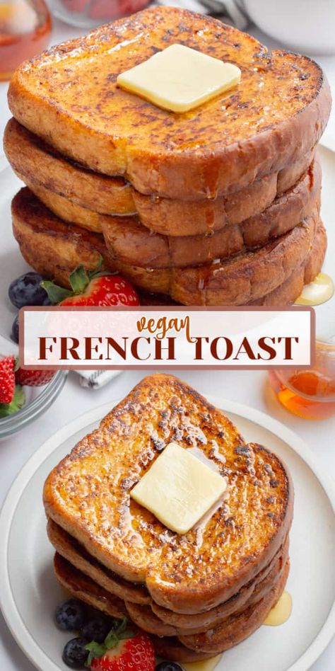 Vegan French toast is a classic weekend breakfast. Slices of thick-cut bread are dipped in a cinnamon batter, pan fried until browned and crispy, then drizzled in maple syrup. It’s sure to become a family favorite breakfast. Vegetarian French Toast, Vegan Cinnamon Toast, Vegan Friendly Breakfast, Vegan Banana Breakfast Recipes, Protein Packed Vegan Breakfast, Vegetarian Breakfast No Eggs, Vegan Kids Breakfast, Vegan French Toast Recipe, Vegan Breakfast Toast