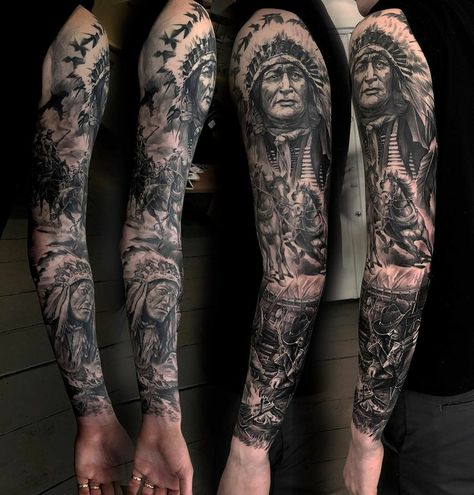 Cowboy And Indian Tattoo Sleeve, Old Western Tattoo Sleeve, Indian Warrior Tattoo For Men, Western Indian Tattoo, Native American Tattoos Sleeve Men, Indian Tattoo Design For Men, Native Warrior Tattoo, Native American Leg Sleeve, Native Tattoo For Men