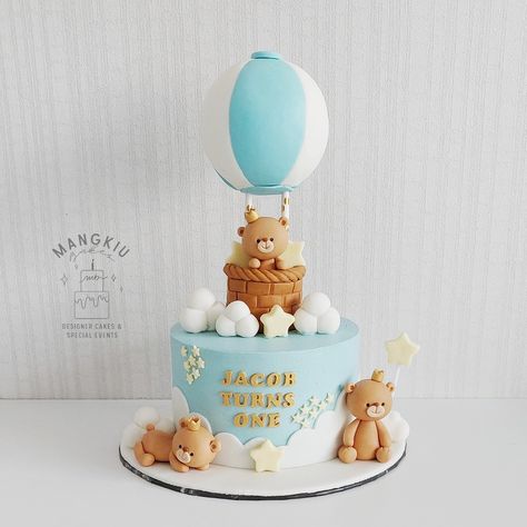 Bear And Hot Air Balloon Cake, Bear Hot Air Balloon Cake, Hot Air Balloon Teddy Bear, Balloon Teddy Bear, Blue Hot Air Balloon, Teddy Cakes, Hot Air Balloon Cake, Teddy Bear Cake, Cake Boy