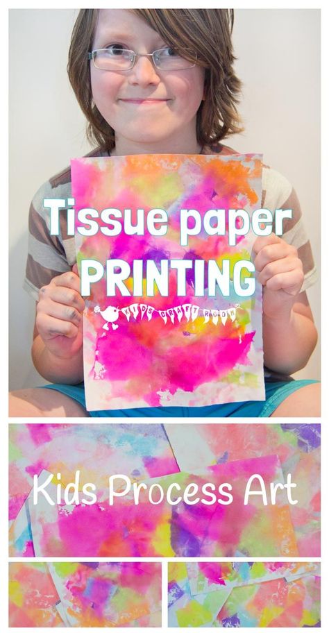 TISSUE PAPER PRINTING - A bright and vibrant process art for kids. Have you tried it before? You'll love how colourful and fun it is! Tissue Paper Painting, Printed Tissue Paper, Tissue Paper Art, Tissue Paper Crafts, Kids Craft Room, Sensory Art, Art Activities For Kids, Camping Art, Childrens Crafts