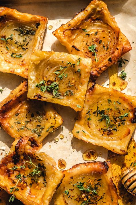 Upside-Down Tarts are taking the internet by storm, and for good reason. Just place your favorite fillings on a baking sheet, top with puff pastry, and bake 'til golden, and you've got the perfect party treats. Puff Pastry Appetizers, Pastry Appetizer, Onion Tart, Cheese Puff Pastry, Puff Pastry Tart, Pastry Tart, Savory Tart, Savory Appetizer, Gruyere Cheese