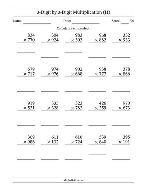 The Multiplying 3-Digit by 3-Digit Numbers (H) Math Worksheet Multiplying 3 Digits By 3 Digits, Multiplication 3 Digits By 3 Digits, Three Digit Multiplication Worksheets, 3 Digit Multiplication Worksheets, Aa Worksheets, Long Multiplication Worksheets, Multiplying Fractions Worksheets, Long Multiplication, Decimal Multiplication