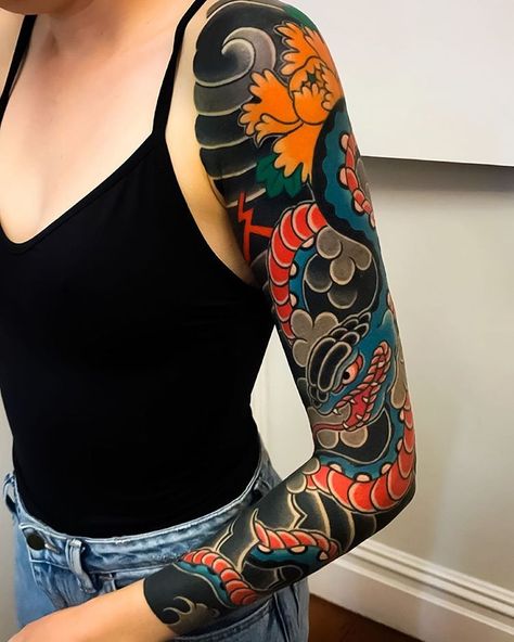 40+ Popular Sleeve Tattoos For Women In 2023 - InkMatch Colorful Sleeve Tattoos, Japanese Tattoo Women, Bodysuit Tattoos, Borneo Tattoo, Yakuza Tattoo, Tattoos For Women Half Sleeve, Irezumi Tattoos, Traditional Japanese Tattoos, Chest Tattoo Men