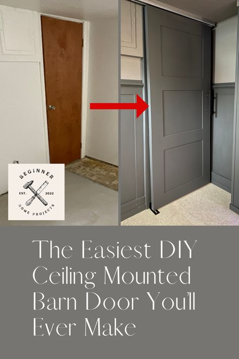 DIY ceiling mounted barn door with matte black paint and matte black handle. Floating Door Ideas, Easy Diy Sliding Door, Ceiling Mounted Door, Cheap Sliding Door Diy, Closet Door For Small Space, Sliding Door Ceiling Mount, Sliding Door From Ceiling, Lightweight Sliding Door Diy, Ceiling Mount Sliding Door