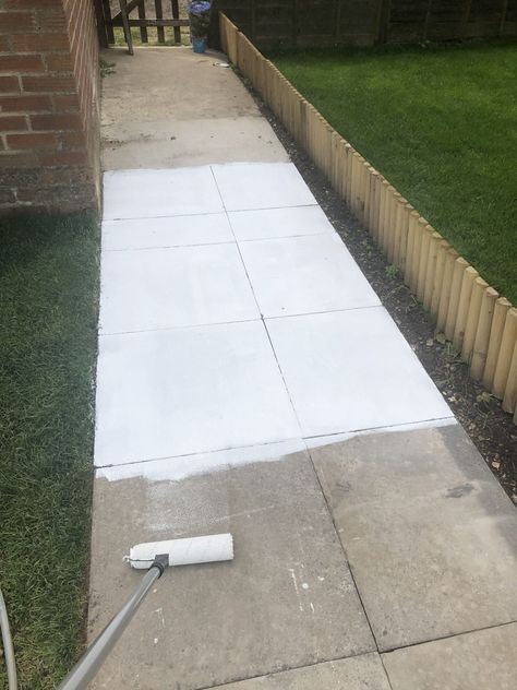 Painted Concrete Pathway, Painted Concrete Slabs Patio, Painting Concrete Slabs Patio, Concrete Floor Stencil Ideas, Paver Stencil Ideas, Painting Slabs In Garden, Painted Garden Slabs Patio, Painting Paving Slabs Ideas, Painted Slabs Patio